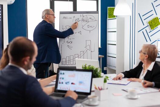 Confident man business coach giving flipchart presentation training diverse workers group at workshop, Serious speaker boss executive, business trainer explaining development strategy to motivated mixed race employees. photo