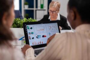Focused executive manager working on annual financial report. Businesswoman discussing ideas with colleagues about financial strategy for new start up company working in brainstorming office. photo