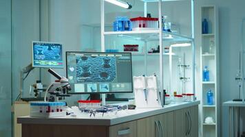 Empty laboratory modernly equipped with nobody in it, prepared for pharmaceutical innovation late at night using high tech and microbiology tools for scientific research. Vaccine against covid19 virus photo