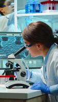 Microbiologist working late at night for new vaccine in modern laboratory looking at samples under microscope. Coworkers examining virus evolution using high tech and chemistry tools for research. photo