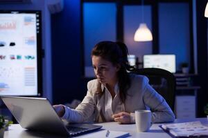 Stressed businesswoman checking profit resultes standing in business office late at night. Focused entrepreneur using technology network wireless for developing new marketing system photo