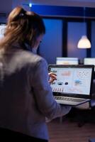 Back view of manager woman analysing financial statistics holding laptop standing in start-up business office late at night overworking. Tired focused employee using modern technology network wireless photo