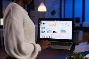 African american entrepreneur woman analyzing financial graphs typing company annual reports checking company profit using laptop computer. Black businesswoman working in startup office late at night photo