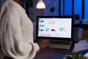 African american entrepreneur woman analyzing financial graphs typing company annual reports checking company profit using laptop computer. Black businesswoman working in startup office late at night photo