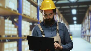 Depot engineer verifying cargo labels and boxes, ensuring shipment and delivery correct details. Warehouse supervisor responsible for staff management and industrial retail activities. photo