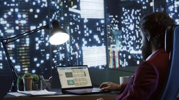 Rich executive director admiring skyscraper view at night, working after hours to improve company financial situation. Professional business expert looking for ways to expand globally. photo