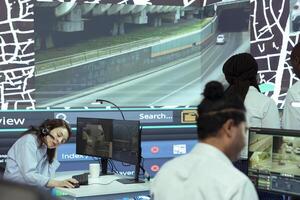 Frustrated employee working under pressure in agency control center, failing to properly monitor delivery trucks in traffic. Operator feels overworked, uses satellite map and gps tracking. photo