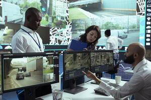 Diverse team of supervisors overseeing their staff activity on gps locating, following delivery truck drivers around in traffic via satellite map. Operators guiding couriers on routes. photo