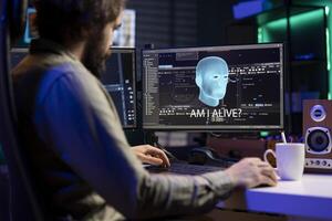 IT expert talking with AI becoming sentient and asking questions about itself. Software developer chatting with artificial intelligence wishing to befriend humanity after becoming self aware photo