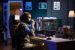 Software developer drinking coffee, watching AI on screen gaining humanoid form and consciousness. Computer scientist consuming hot beverage, seeing artificial intelligence materializing on monitor photo