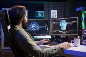 Man being asked existential questions by awaken AI on desktop PC, gaining consciousness. Remotely working IT professional speaking with artificial intelligence on computer workstation photo