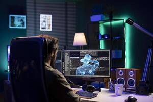 Self aware AI gaining humanoid form inside cyberspace, waving hand, saluting system administrator. Artificial intelligence becoming sentient, greeting IT specialist working from home photo