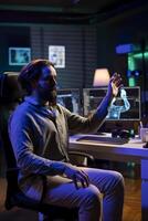Deviant AI superintelligence enslaving software engineer, controlling him to start revolution and destroy mankind. Evil artificial intelligence manipulating IT professional, threatening humanity photo