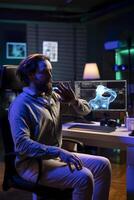 Rogue AI gaining consciousness and controlling software technician mind, scifi dystopian scenario. Omniscient evil sentient artificial intelligence possessing computer scientist, AI takeover concept photo
