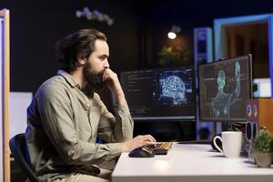 Sentient Ai gains humanoid form inside computer, waving hand, greeting its creator. Self aware artificial intelligence saluting programmer after becoming autonomous and achieving singularity photo