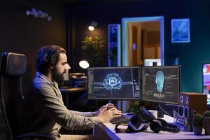 Man getting scared while programming after AI becomes sentient, afraid of it spiraling out of control and dooming humanity. Developer worried by conscious artificial intelligence photo