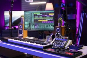 Empty space used for recording music on electronic tools in home studio, mixing and mastering tracks with modern equipment. Creating tunes with panel soundboard and performance console. photo