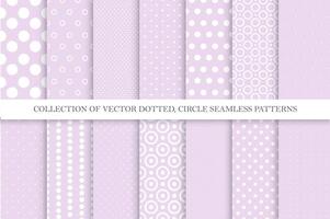 Collection of purple seamless dotted geometric patterns. Simple spotted textures - repeatable delicate backgrounds. Textile endless polka dot prints vector