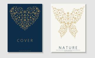 Set of ornamental floral covers, templates, placards, brochures, banners, flyers and etc. Luxury backgrounds, postcards, posters, invitation, tags. Elegant cards with drawing heart and butterfly vector