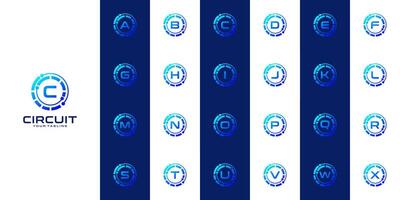 collection of initial letters a to z with logo design, technology circular lines and connection points for technology, digital, connection, data vector