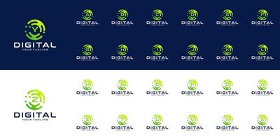 collection of initial letters a to z with logo design, circular line technology and green connection points for technology, digital, connection, data vector