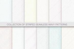 Collection of delicate seamless striped wave patterns - repeatable light backgrounds. Wavy linear white textures. Minimalistic textile prints with lines vector