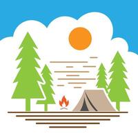 Camping Illustration with Tent, Pine Tree, Mountain, Moon, Cloud, Stars, Forests. vector