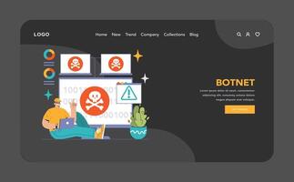 Botnet attack dark or night mode web, landing. Hacker orchestrating vector