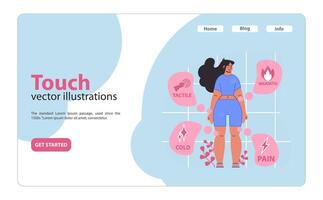 Touch illustration. A woman feels different tactile sensations, depicting warmth. vector