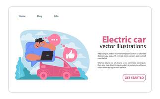 Embracing the electric revolution. A cheerful user interacts online, symbolizing widespread acceptance. vector