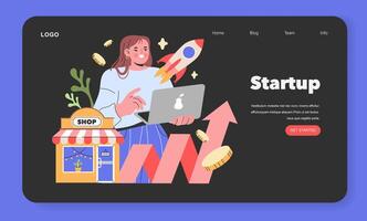 Innovative Startup Launch An entrepreneur with a laptop and rocket symbolizing a soaring start Aspirations and growth are at the heart of this small business illustration vector