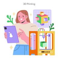 fabricante cultura concepto mujer con un tableta vitrinas el innovador proceso de 3d impresión, destacando el creativo potencial de moderno tecnología ilustración vector