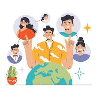CSR concept. Diverse team collaborates around a globe, spotlighting vector