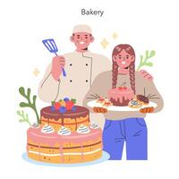Joyful Bakery Duo A pastry chef with a spatula and a baker with a tray of sweets celebrate the art of confectionery in a cozy bakery setting illustration vector