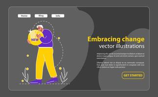 cambio abrazo concepto un personaje sostiene un radiante orbe marcado 'nuevo', simbolizando el aceptación y celebracion de nuevo principios capturas el esencia de adaptabilidad y Progreso ilustración vector