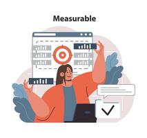 Focused professional emphasizing the Measurable aspect of SMART goals. Flat illustration vector