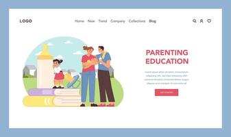 Nurturing next generations. Essence of parenting education with family nurturing their child. Basic knowledge of how to be parent. Striving to be good role model for kids. Flat illustration vector