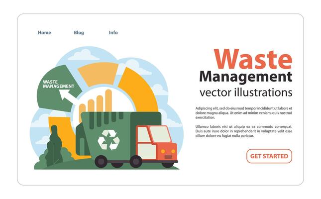 Green garbage truck parked beside. Flat illustration