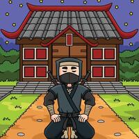 Ninja In Front of a Ninja House Colored Cartoon vector