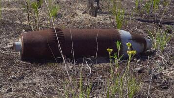 Unexploded ordnance in a field after hostilities. Dangerous find video