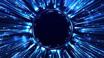 Abstract digital background with glowing neon particles of lines and light streaks moving from the center of a black hole. stream of shining bright lines of particles. Seamless loop video