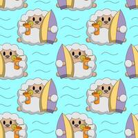 Seamless pattern with Cute Sheep with Surfboard and Cocktail vector