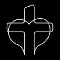 Christian Cross and heart in linear in neon effect vector