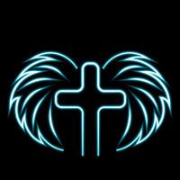 Christian icon Cross and Wings in linear in neon effect vector