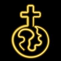 Christian icon Cross and Earth in one line in neon effect vector