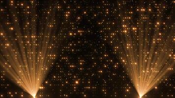 A spotlight illuminates the background of the stage. Spotlight with flying shiny bright particles and twinkling stars. Rays of golden color. Empty stage with light for product. 4k video