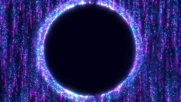 Abstract neon glowing round frame and digital particles moment with energy, scene for maker presentation, circle of neon lights, seamless loop video