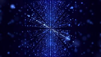 Bright glowing laser lines from dots and particles with the effect of blurring the background space. Glitter and beautiful bokeh particles. seamless loop. video