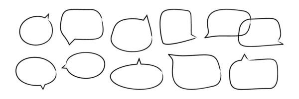 Hand drawn sketch speech bubbles set. Irregular shapes, grunge brush strokes. Line illustration isolated on transparent background vector