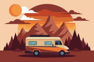 Camper van illustration with rocks and mountains. RV vehicle standing on rocks on the sunset. vector